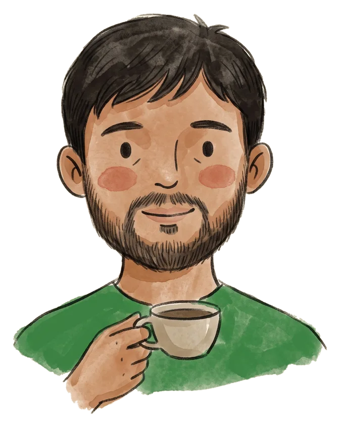 Illustrated portrait of Isaac Solomon holding a cup of coffee