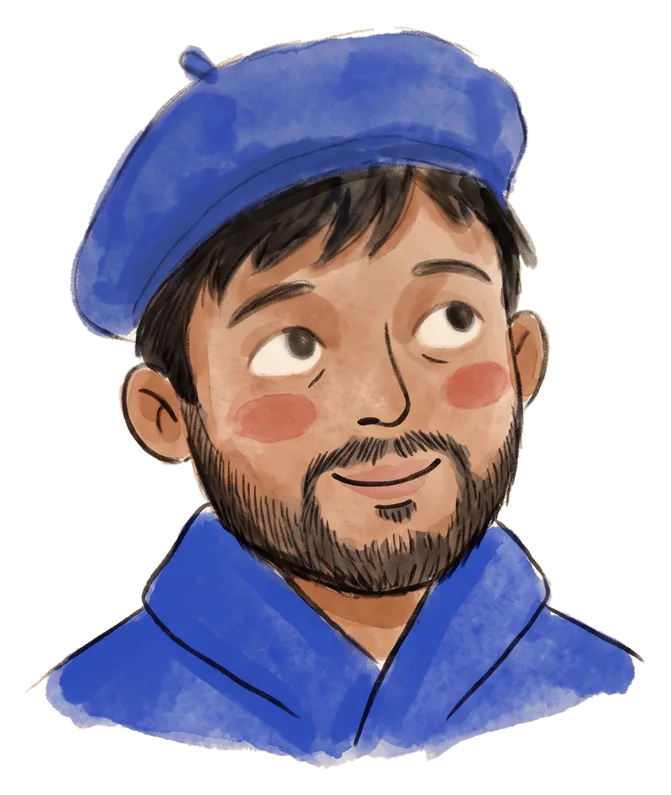 Illustrated portrait of Isaac Solomon in a blue beret, looking up